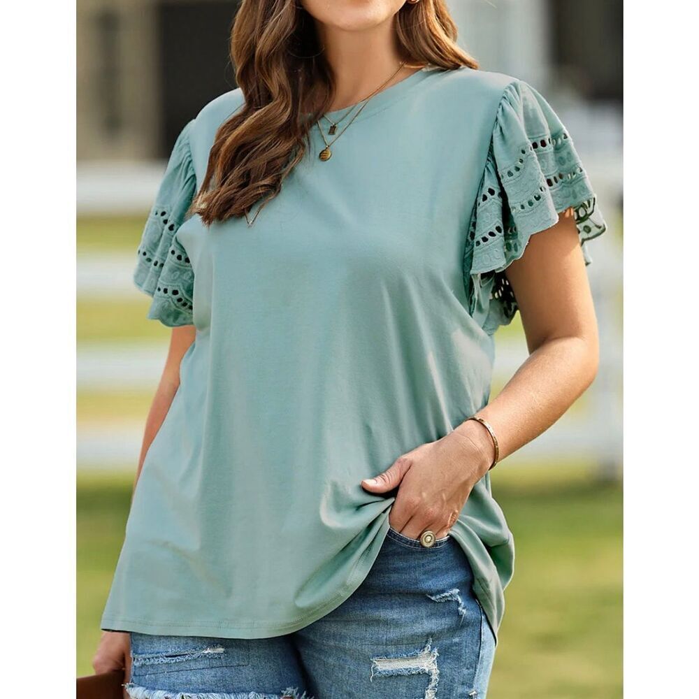 Fashion NWT mint green eyelet ruffle sleeve cotton top size XXL